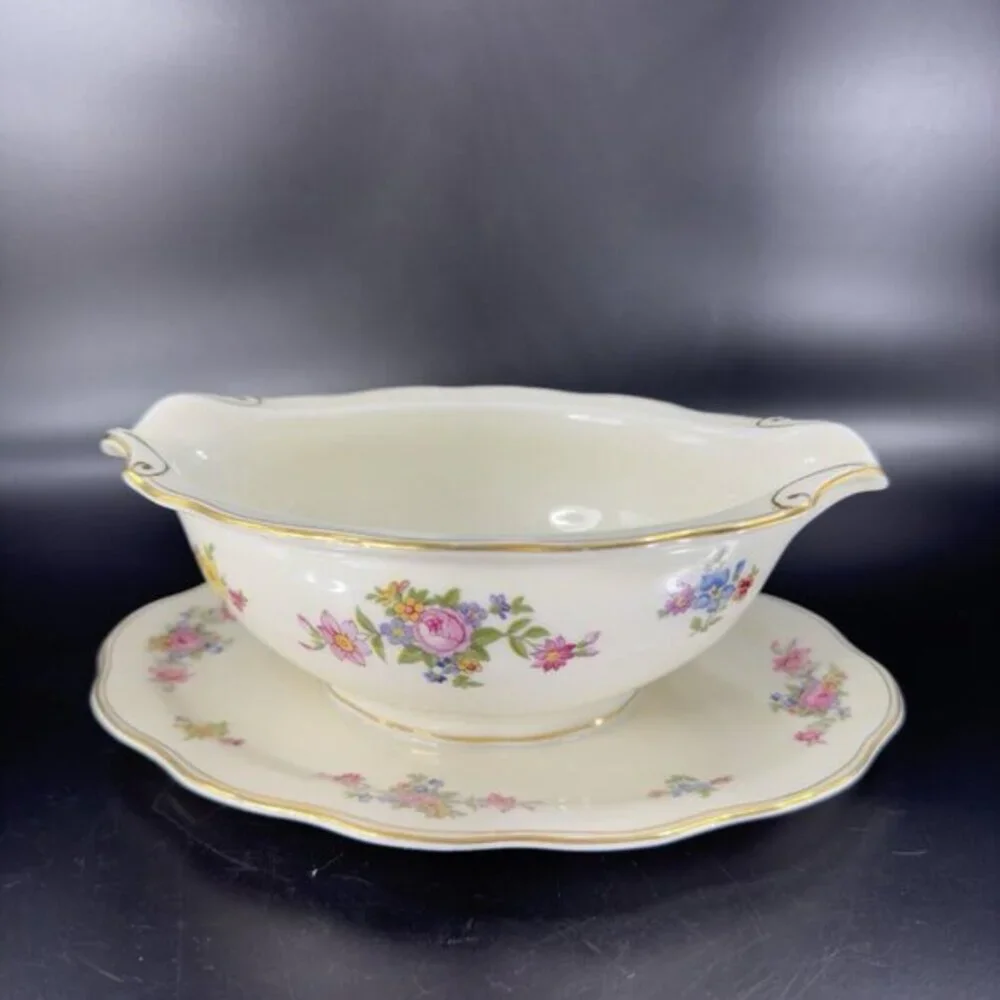 Vintage Baronet Bohemian‎ Rose Czechoslovakia Pink Gravy Boat W Under Plate Vtg